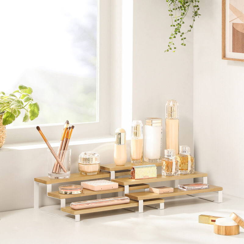 Set of 2 Bamboo Spice Racks - 3-Tier Extendable and Stackable Cabinet Shelf Organizers for Pantry and Countertop