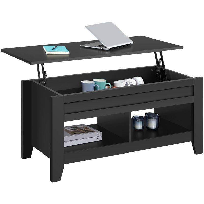 Yaheetech Black Wood Coffee Table Lift Up Coffee Table w/Hidden Storage & 2 Open Shelves for Living Room Reception Room Office,