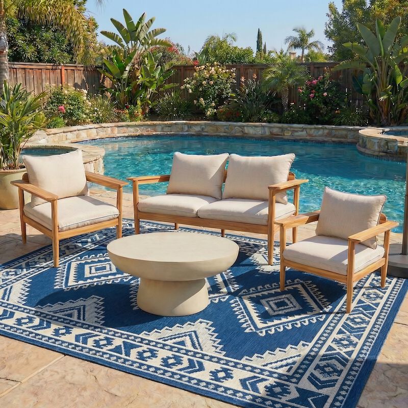 Christopher Knight Home Joseph 4 Piece Patio Acacia Wood Chat Set with Lightweight Concrete Table image number 1