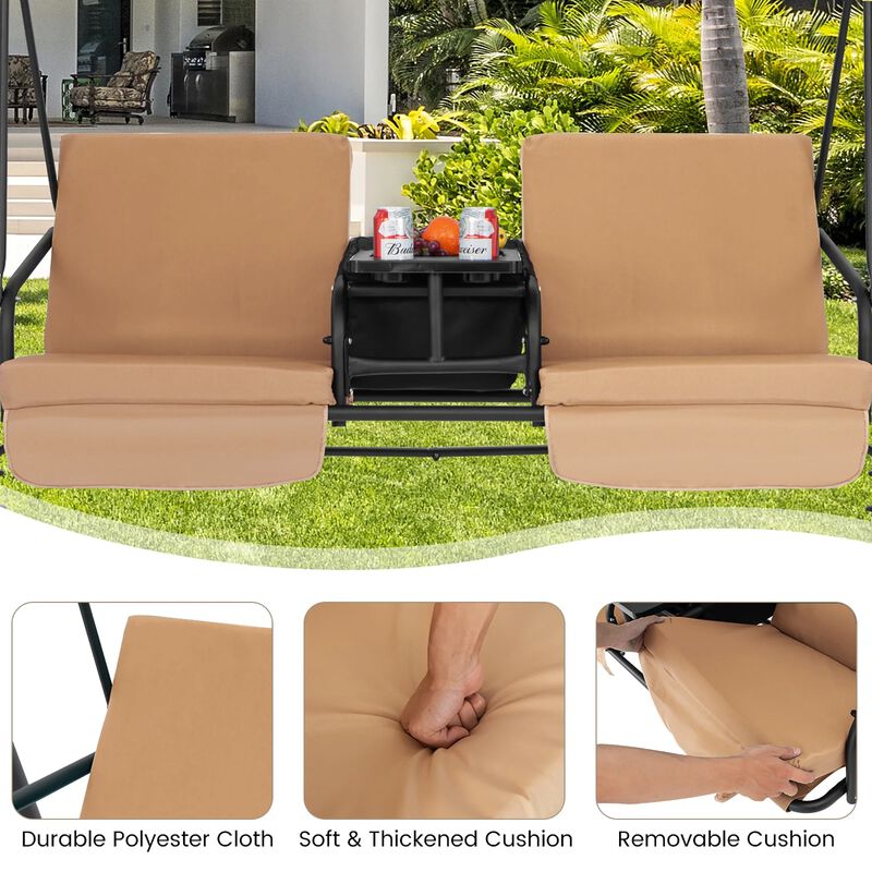 Mondawe 2-Person Canopy Metal Porch Swing Padded Chair with Cooler Bag Rotatable Tray