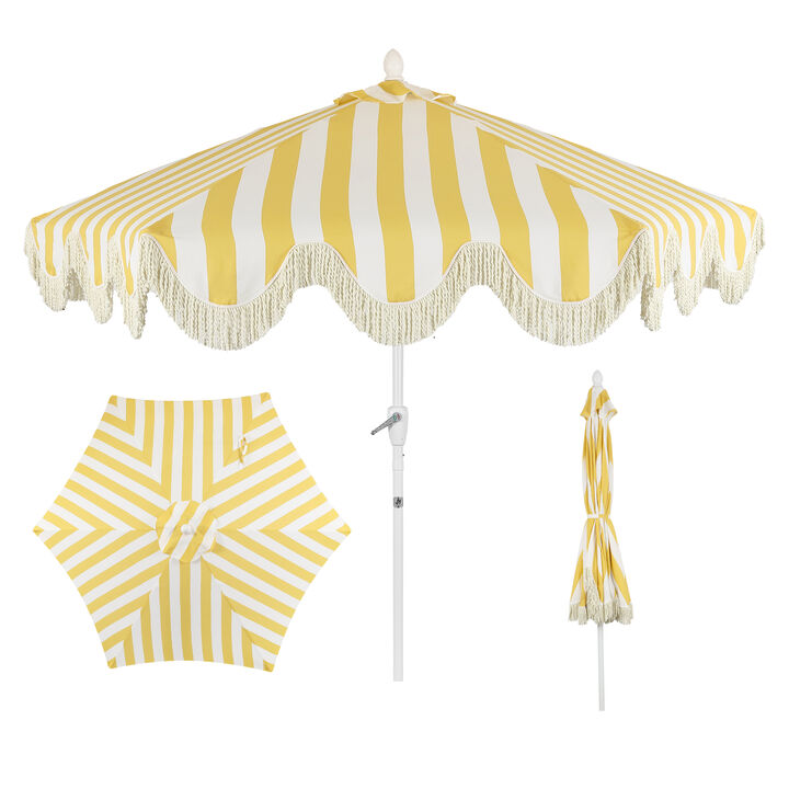 Collins Classic Cottage Tassel Market Patio Umbrella with Auto-Tilt, Crank, Wind Vent and UV Protection