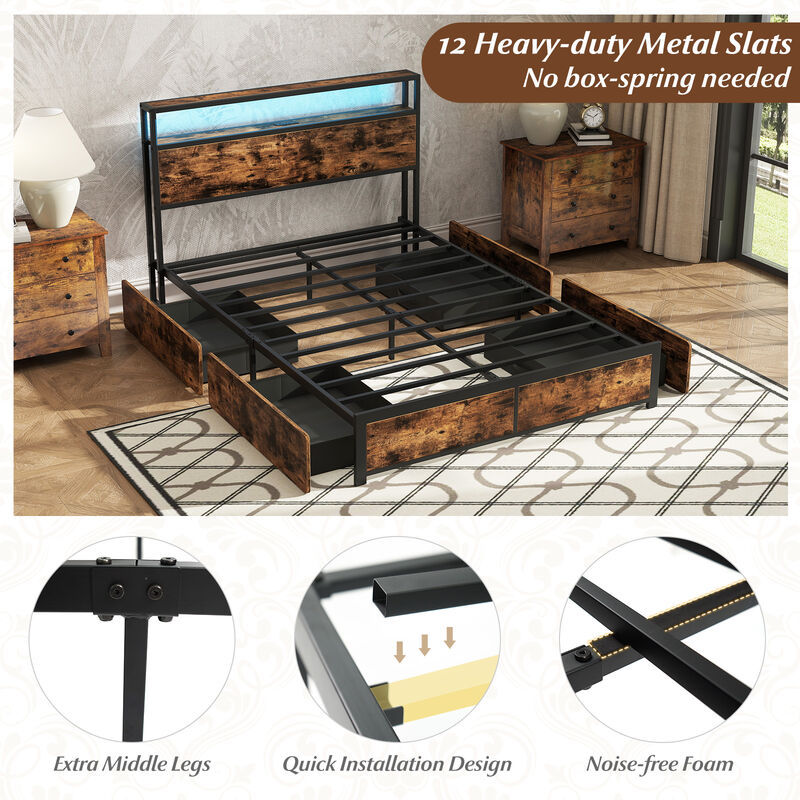 Bed Frame with LED Lights, Charging Station and 4 Drawers image number 4