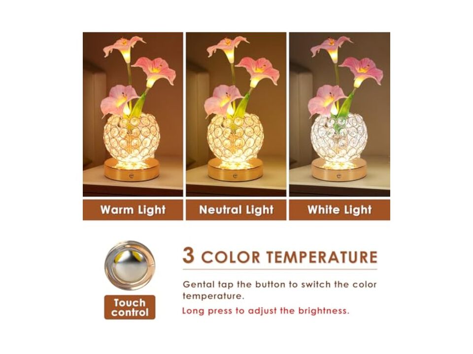 Rechargeable Cordless Crystal Flower Table Lamp For Bedroom Office Pink