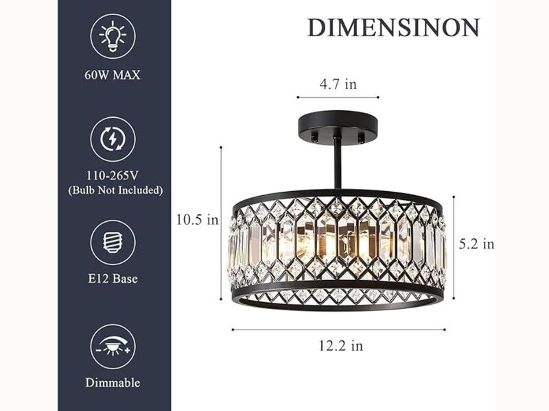 12.2" Black Crystal Ceiling Light &ndash; 3-Light Semi Flush Mount Fixture for Kitchen, Bedroom & Entryway (E12 Base)