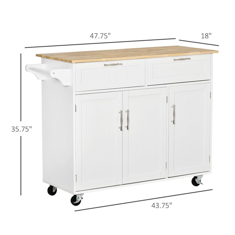 White Kitchen Cart: Portable Island with Rubberwood Top and Drawers