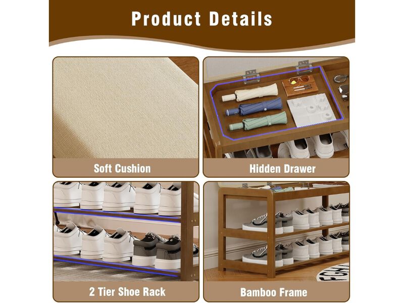 Entryway Bamboo Shoe Storage Bench 2 Tier Walnut Cushion Hidden image number 2