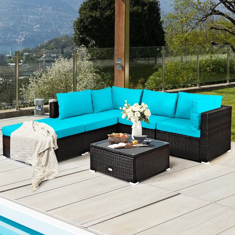 Mondawe 6 Pieces Outdoor Patio Rattan Sectional Sofa Set with Coffee Table