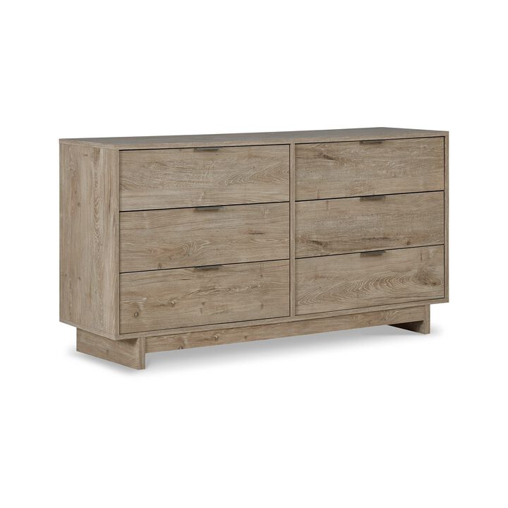 Fervor 59 Inch Dresser, 6 Drawers, Brown Wood Frame, Brushed Nickel Handles-Benzara
