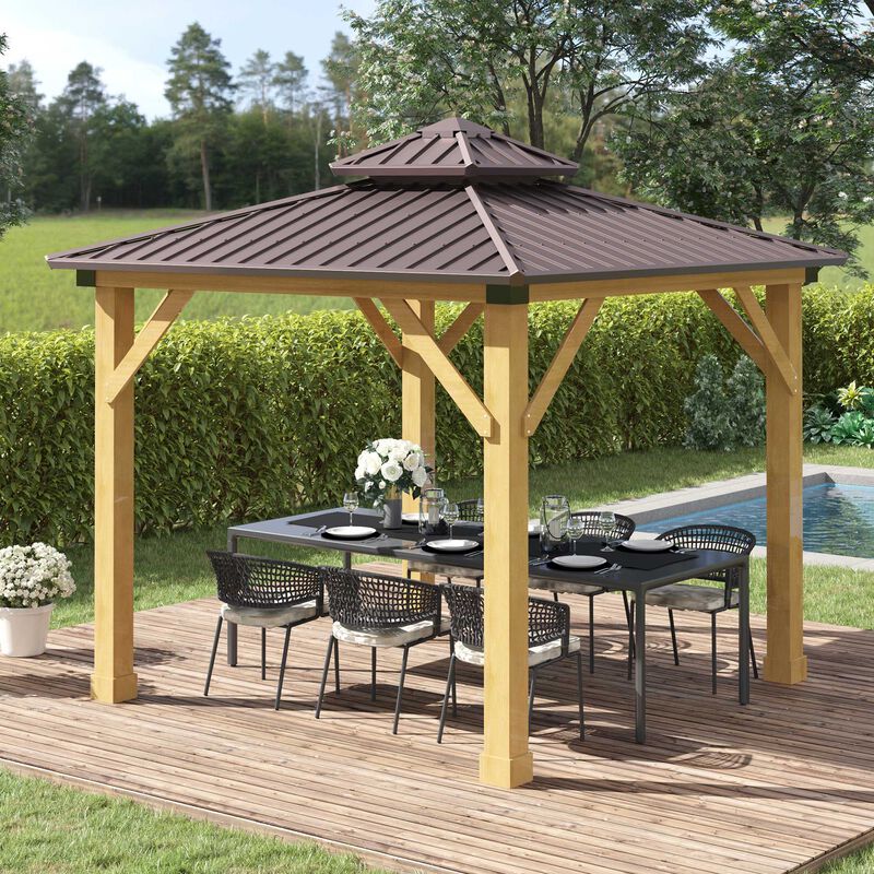 Outsunny 10' x 10' Hardtop Gazebo with Galvanized Steel Double Roof, Wooden Frame, Permanent Pavilion with Ceiling Light Hook, for Garden, Patio, Backyard