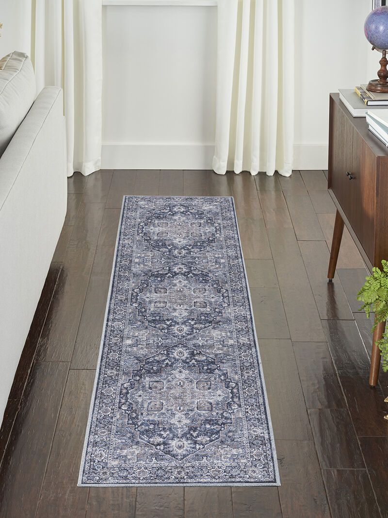 Machine Washable Series 1 SR101 Ivory/Navy 2'2" x 10' Rug image number 5