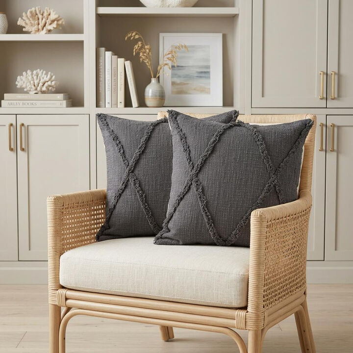 HomeRoots Set of Two Dark Gray Diamond Cotton Throw Pillow With Fringe