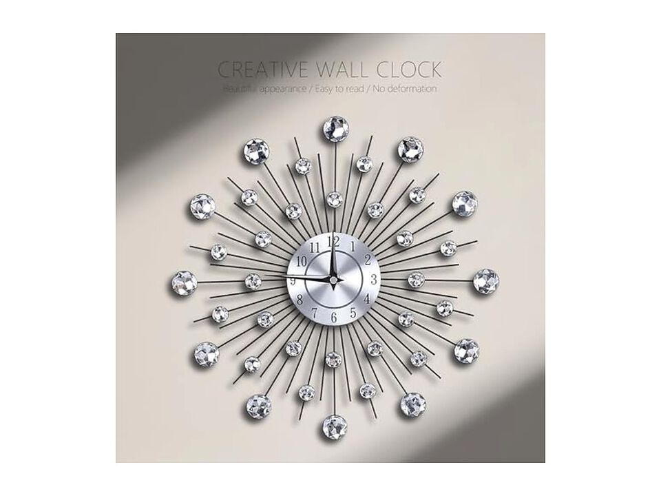 Crystal Sparkling Bling Diamond Studded Wall Clock 13 Inch Metal Silver Modern