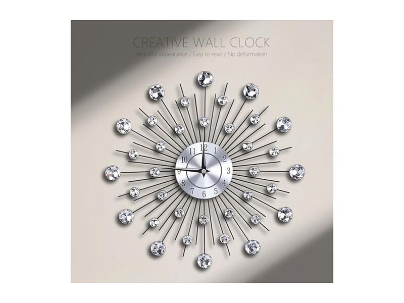 Crystal Sparkling Bling Diamond Studded Wall Clock 13 Inch Metal Silver Modern image number 1