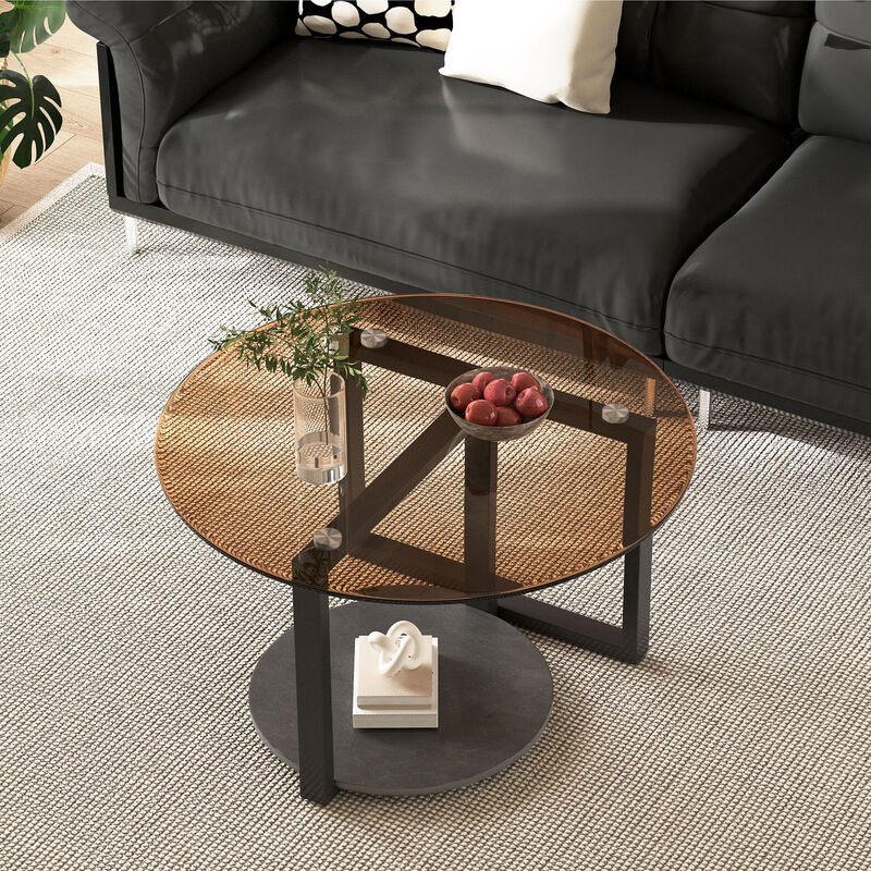 Brown Glass Coffee Table Round Abstract Tempered Glass Accent Table Furniture image number 7