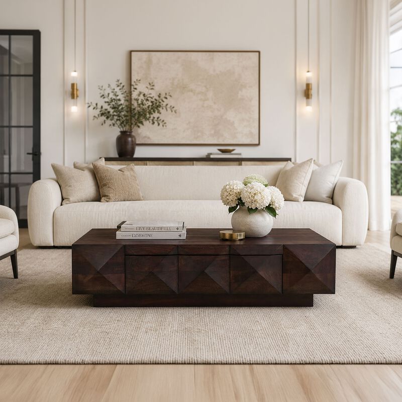 Jisaku 48 Inch Coffee Table with Storage Drawer, 3D Diamond Carved Panels, Walnut Brown Mango Wood image number 8