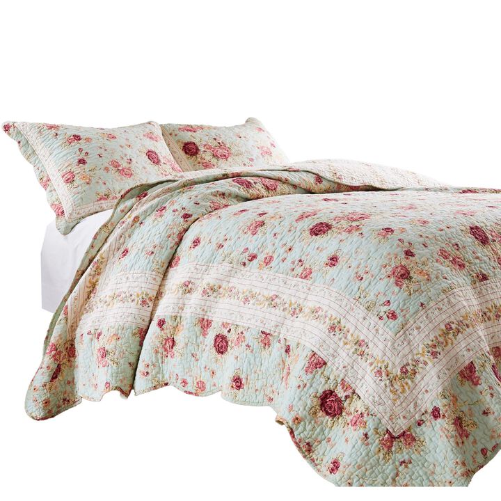 Rosle 2pc Twin Quilt and Pillow Sham Set, Scallop Edges, Floral Blue Cotton - Benzara
