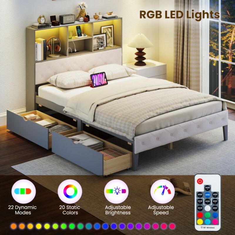 Hivvago Full Size Bed Frame with Bookcase Headboard and LED Lights