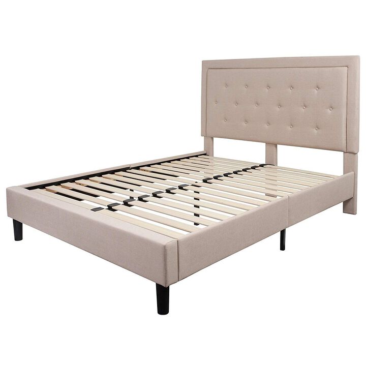 Hivvago Queen Beige Upholstered Platform Bed Frame with Button Tufted Headboard