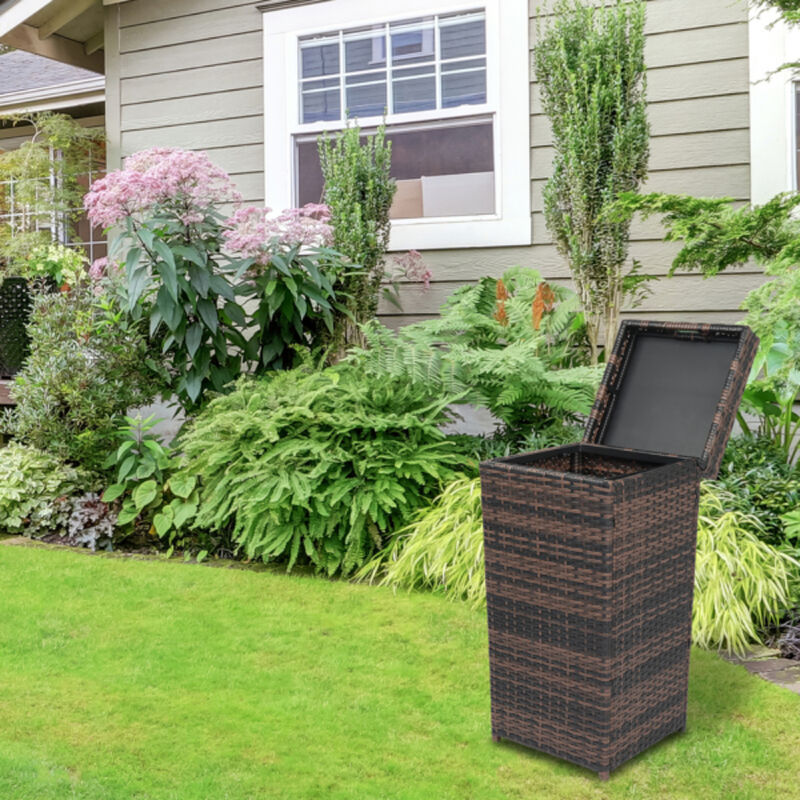 Decorative Outdoor Trash Can Rattan-Style Bin with Metal Frame & Top Cover