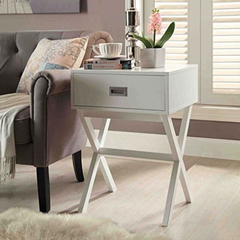 Modern 1-Drawer Nightstand End Table with X-Legs for Bedroom or Living Room