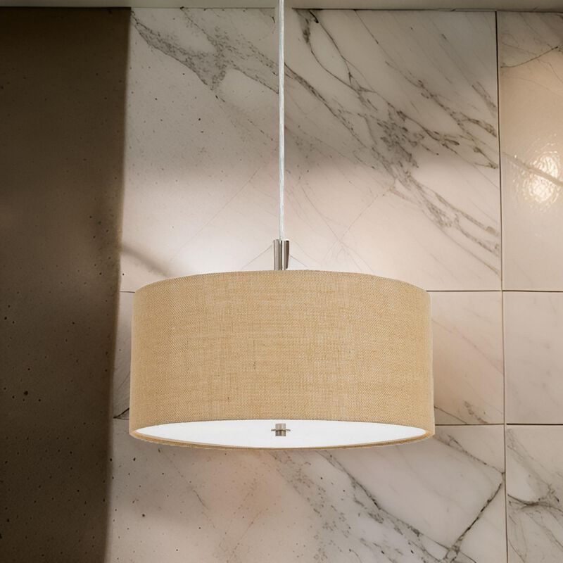 Metal Pendant Lighting with Fabric Circular Drum Shade and Cord, Beige - Benzara