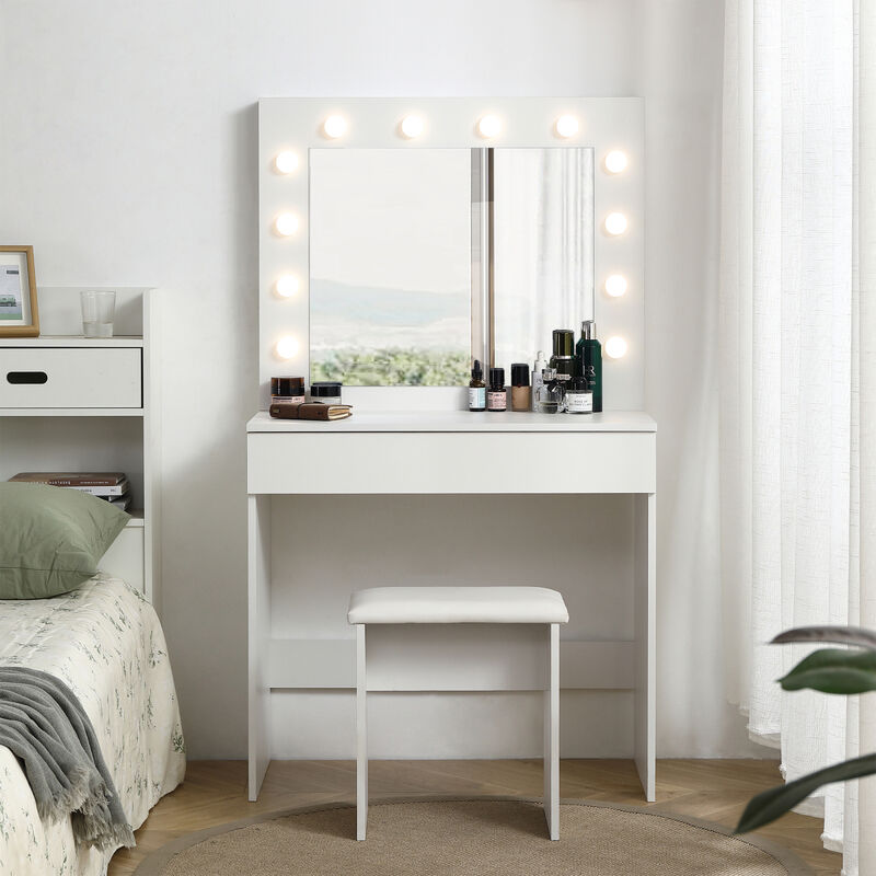 Vanity table with large lighted mirror, makeup vanity dressing table with drawer, 1pc upholstered stool, 12 light bulbs and adjustable brightness, white color