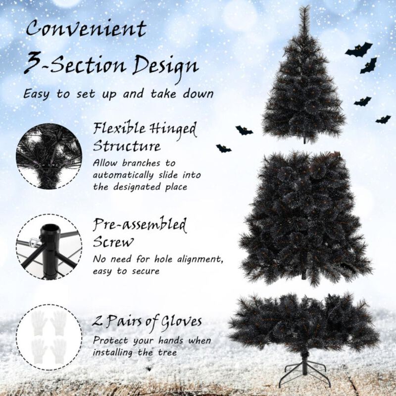 Hivvago Black Artificial Halloween Christmas Tree with PVC Branch Tips and Cool White LED Lights