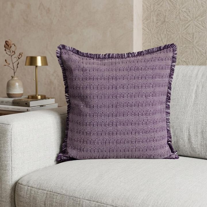 HomeRoots 24" Purple and White Cotton Throw Pillow with Fringe