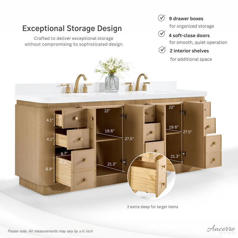 Aston 84 inch Bath Vanity Set in American Oak Finish with Alpine White Quartz Top image number 4
