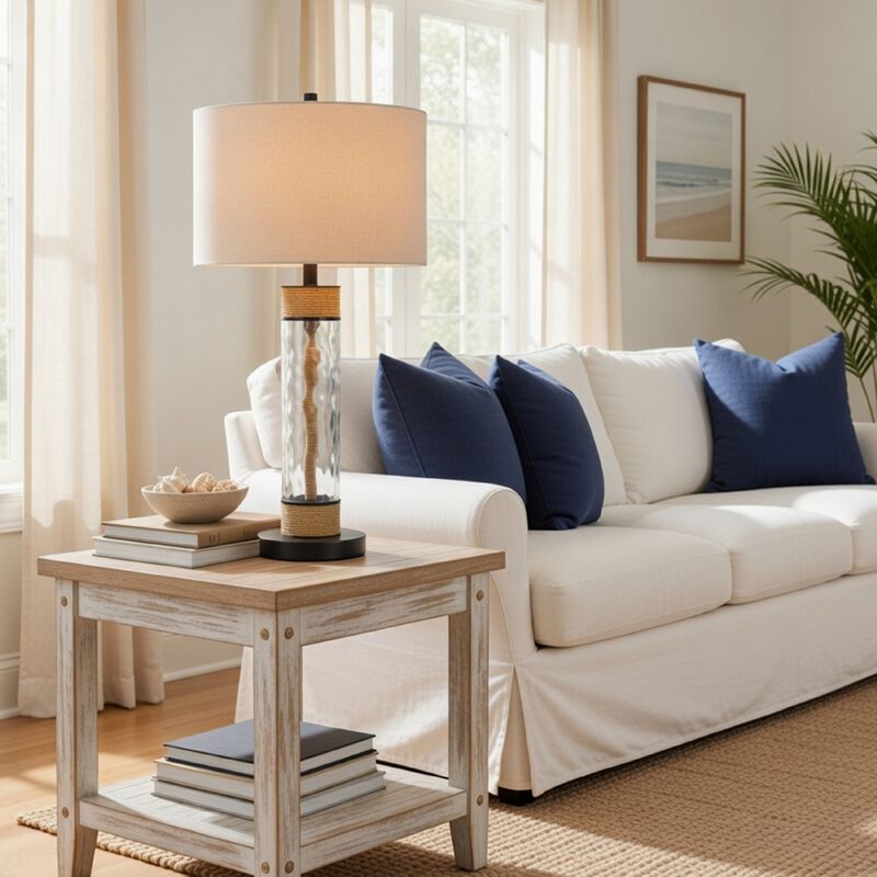 32 Inch Table Lamp, Rippled Glass Body with Rope, Burlap Shade, Metal Base image number 8
