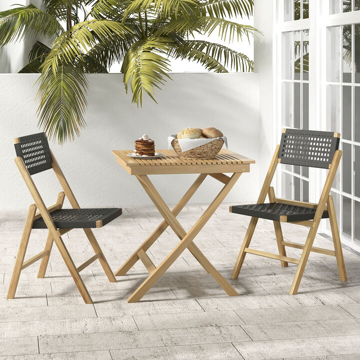 Set of 2 Folding Chairs Teak Wood Dining Chairs with Woven Rope Seat and Back