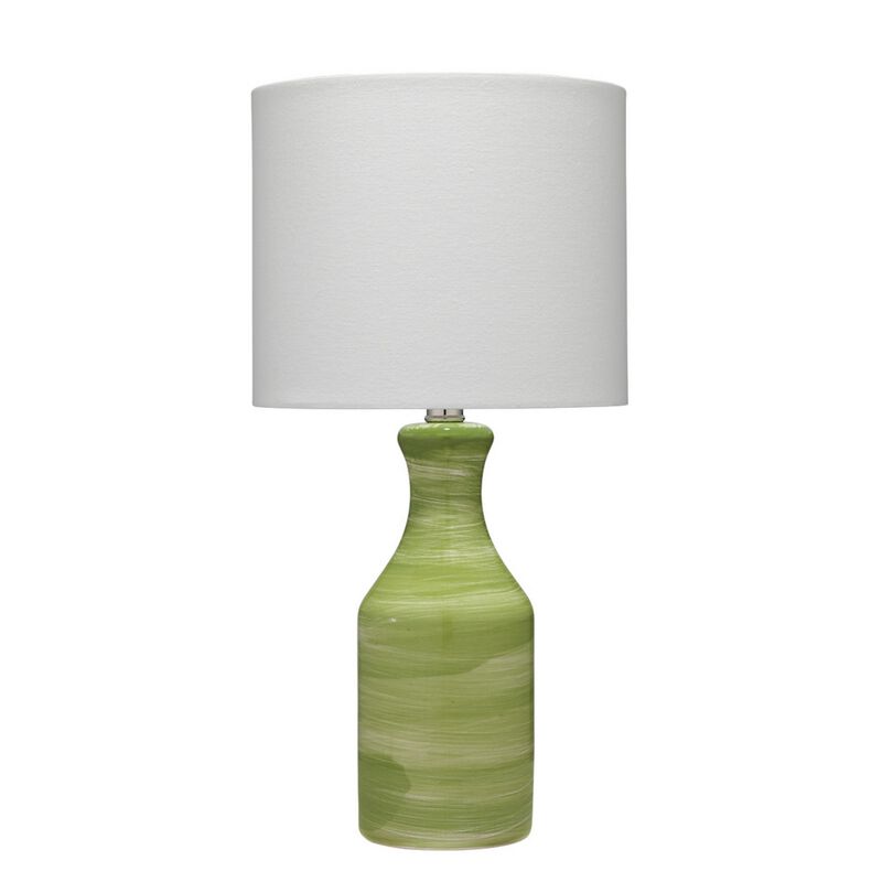 Table Lamp with Drum Shade and Ceramic Swirl Design Base, Green-Benzara