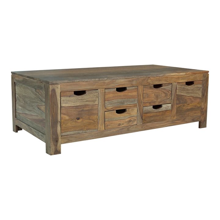Dale 53 Inch Rustic Storage Coffee Table, 6 Gliding Pull Out Drawers, Brown-Benzara
