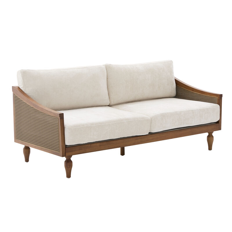 Merax Rubberwood Frame 2 Seater Chenille Loveseat Rattan Woven Side Panels with High-Density Foam Cushions image number 0