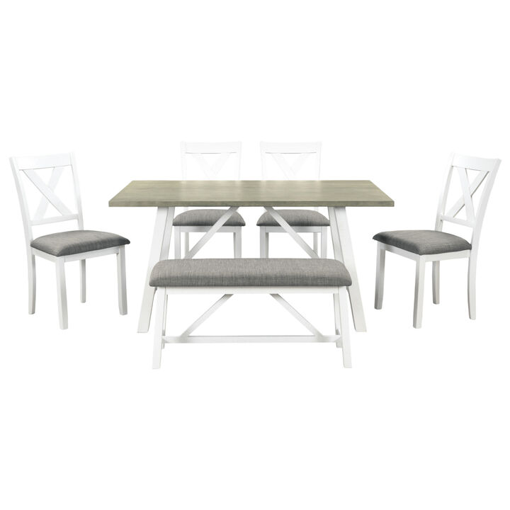 6 Piece Dining Table Set Wood Dining Table and chair Kitchen Table Set with Table, Bench and 4 Chairs, Rustic Style, White+Gray