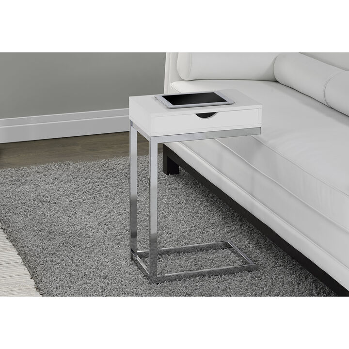 Monarch Specialties I 3031 Accent Table, C-shaped, End, Side, Snack, Storage Drawer, Living Room, Bedroom, Metal, Laminate, Glossy White, Chrome, Contemporary, Modern