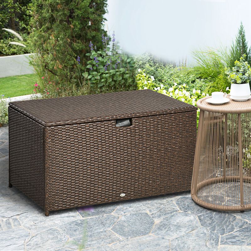 Outsunny Outdoor Deck Box, PE Rattan Wicker with Liner, Hydraulic Lift, and A Handle for Indoor, Outdoor, Patio Furniture Cushions, Pool, Toys, Garden Tools, Brown