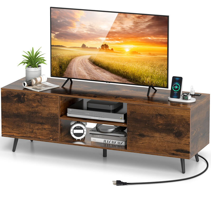 60" TV Stand with Built-In Power Strip and Height-Adjustable Shelf
