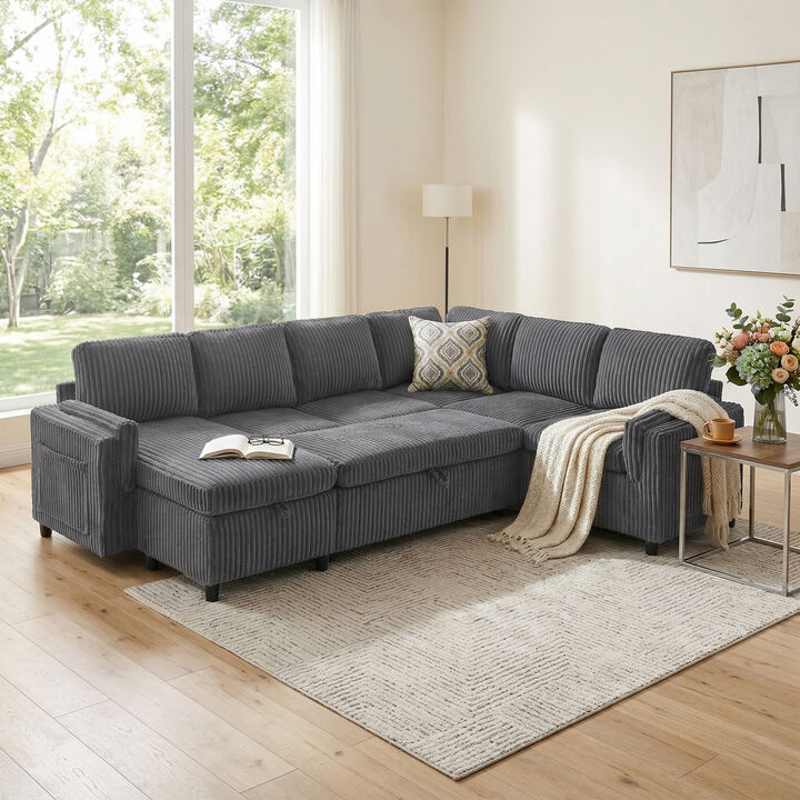 Merax U-Shaped Sectional Sleeper Sofa with Storage, USB & Reversible Chaise &ndash; Corduroy Fabric