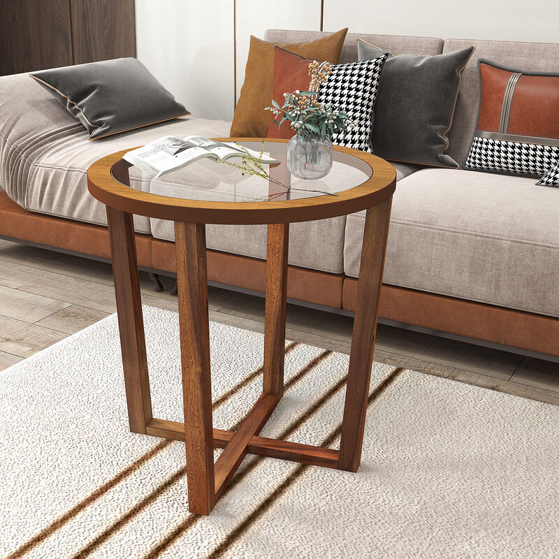 Modern Round End Table Sofa Side Table with Transparent Tempered Glass Top image number 2