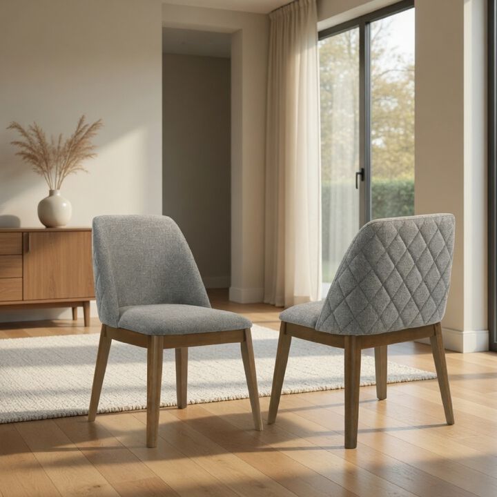 Freda Dining Chair, Set of 2, Gray Diamond Quilted Fabric, Brown Wood