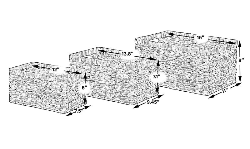Natural Woven Water Hyacinth Wicker Rectangular Storage Bin Basket with Handles, Set of 3