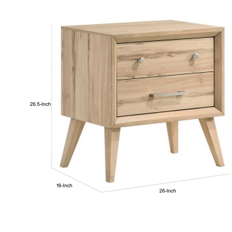 Kali 27 Inch Nightstand, 2 Drawers, Nickel Handles, Oak Brown Solid Wood - Benzara