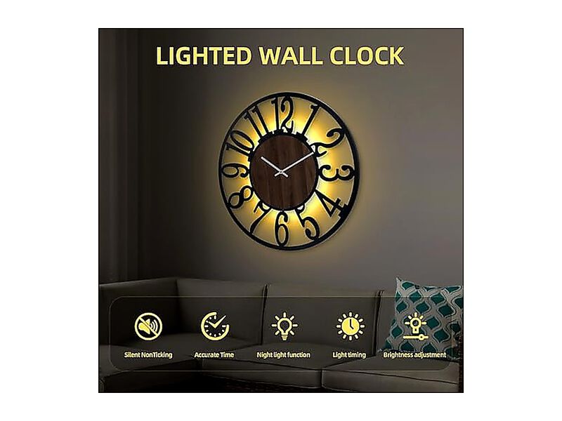 Large Wall Clock 30 Lighted Rustic Wood Remote Timer Silent Battery Operated image number 3