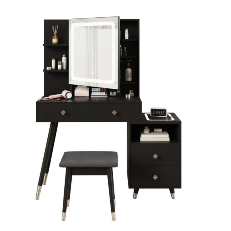 LED Lighted Mirror Cabinet with 4 Drawers & 2-Tier Shelf, Solid Wood Legs