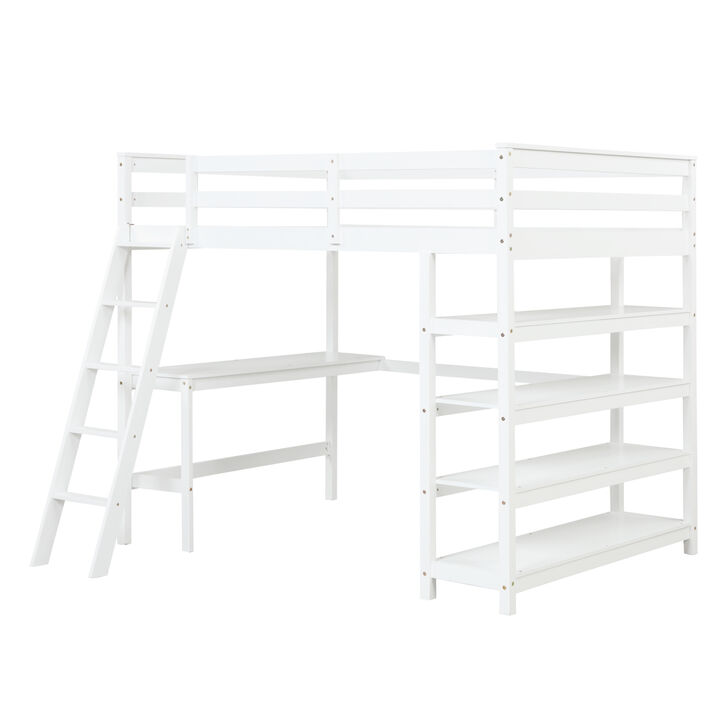 Loft Bed Full with desk, ladder, shelves, White