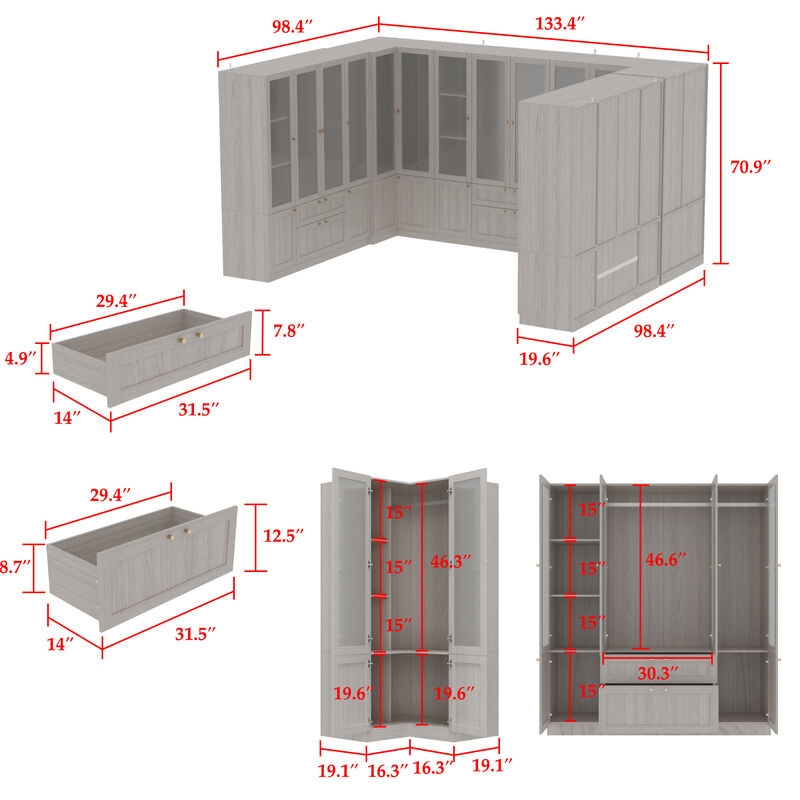 FUFU&GAGA Modular Wardrobe Closet System with Frosted Glass Doors, Gold Handles, Hanging Rods & Drawers,(133.4" W x 98.4" D x 70.9" H),White