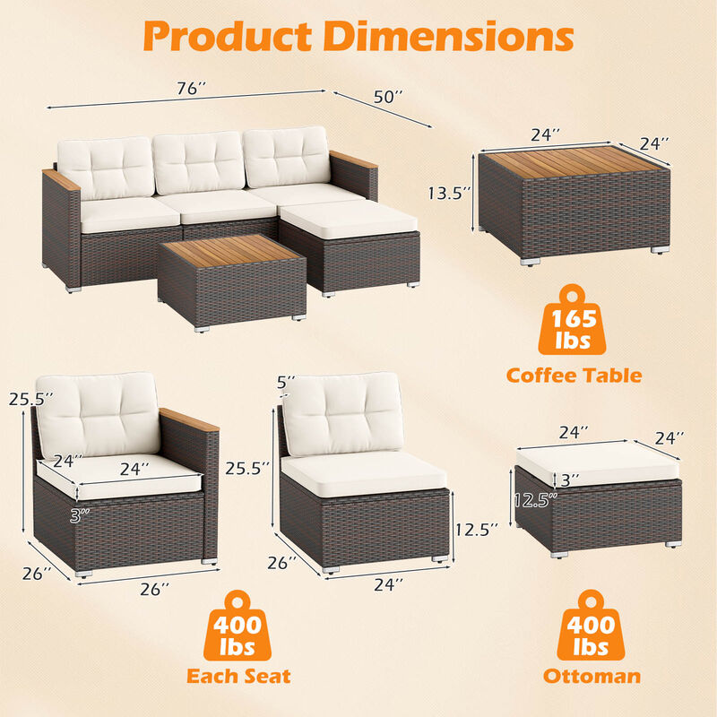 5-Piece Wicker Patio Conversation Set with Comfortable Cushions and Coffee Table-White image number 2