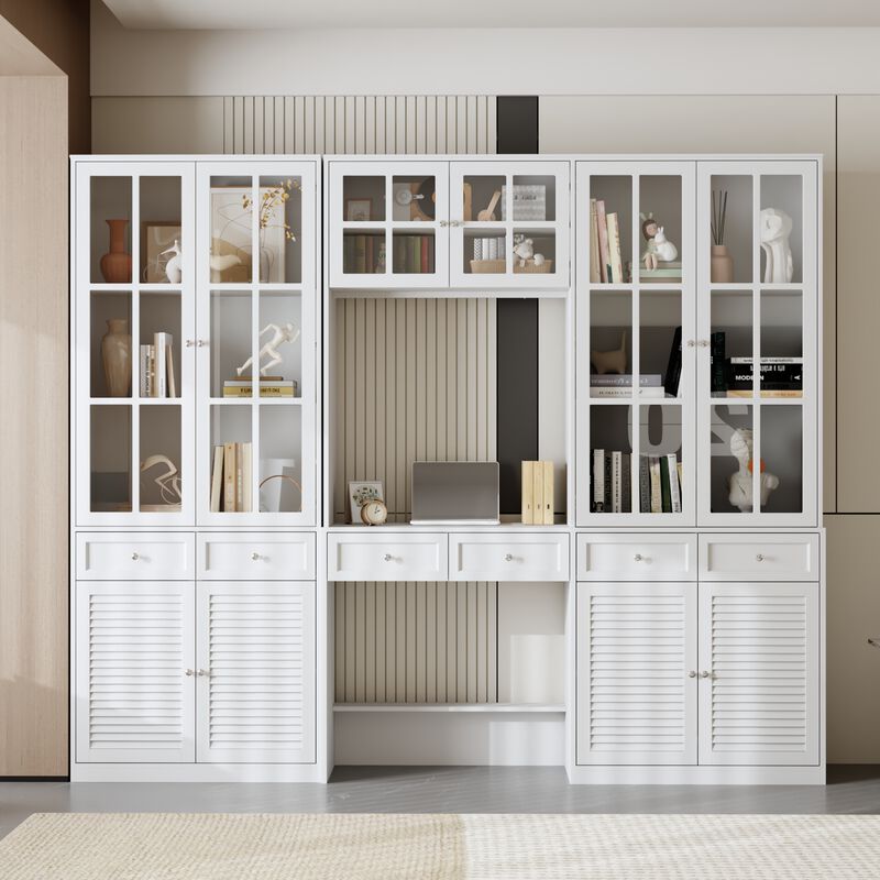 FUFU&GAGA White MDF & Tempered Glass Storage Cabinet with 6 Drawers, Adjustable Shelves & Shutter Doors, Modern Bookcase (94.5 in. W x 15.7 in. D x 78.7 in. H) image number 1