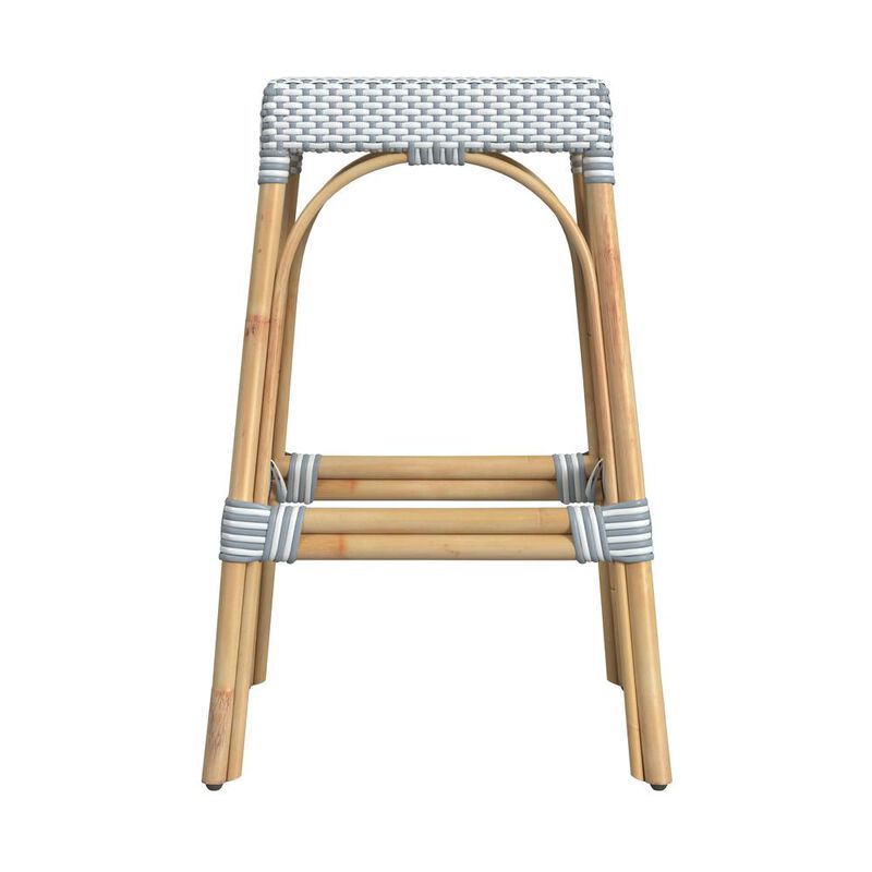 Butler Specialty Robias Rectangular Rattan 30 Bar Stool, White and Sky Blue Dot